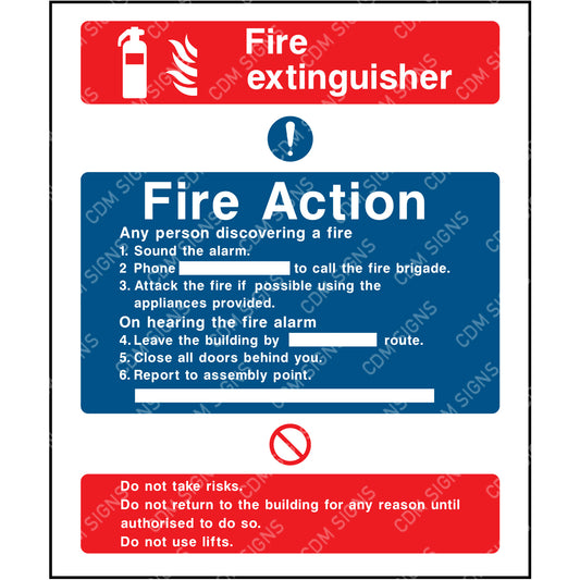 fire extinguisher and fire action sign