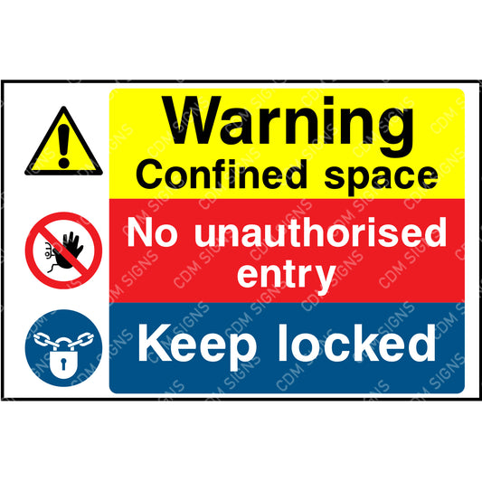 warning confined space, no unauthorised entry and keep locked signs