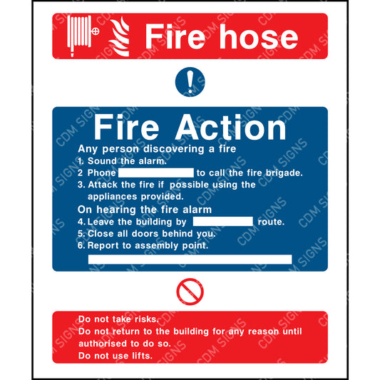 fire hose and fire action sign